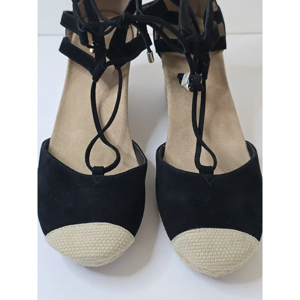 Vionic Calypso Espadrille Wedge Sandals Black Suede Lace Up Women's Size 11